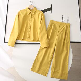 西班牙单~全棉休闲时尚套装 简约宽松长袖衬衫直筒九分裤套装女