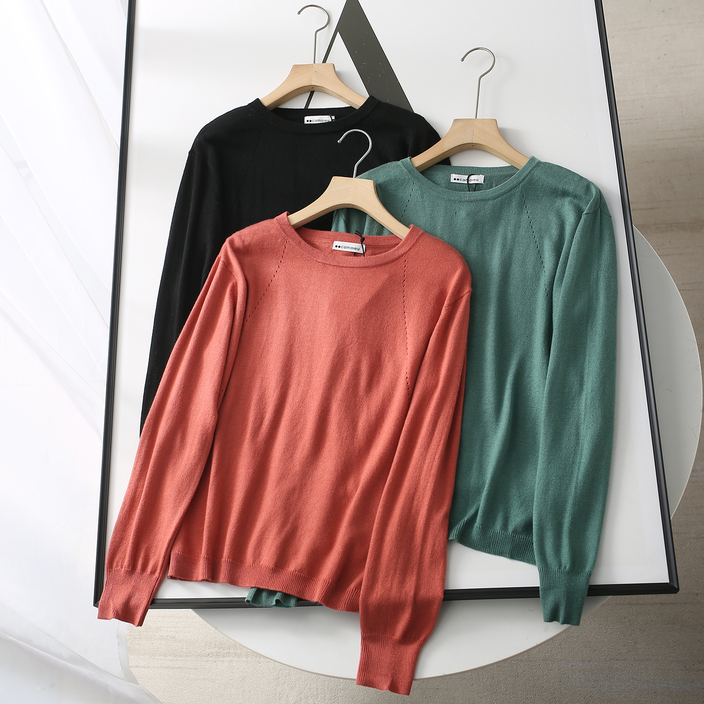 走法国单~极简风圆领羊毛混针织衫女秋冬薄款宽松百搭基础款上衣