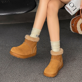 小土豆羊羔毛雪地靴女皮毛一体短筒平底2025秋冬新款真皮加绒短靴