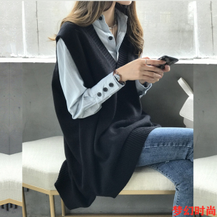 2025秋季中长款背心衬衫女装两件套宽松套头针织马甲学院风衬衣冬