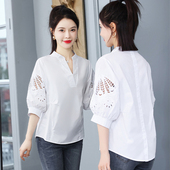 上衣短袖 2025夏季 收腰显瘦灯笼袖 女韩版 设计感小众衬衣 v领衬衫