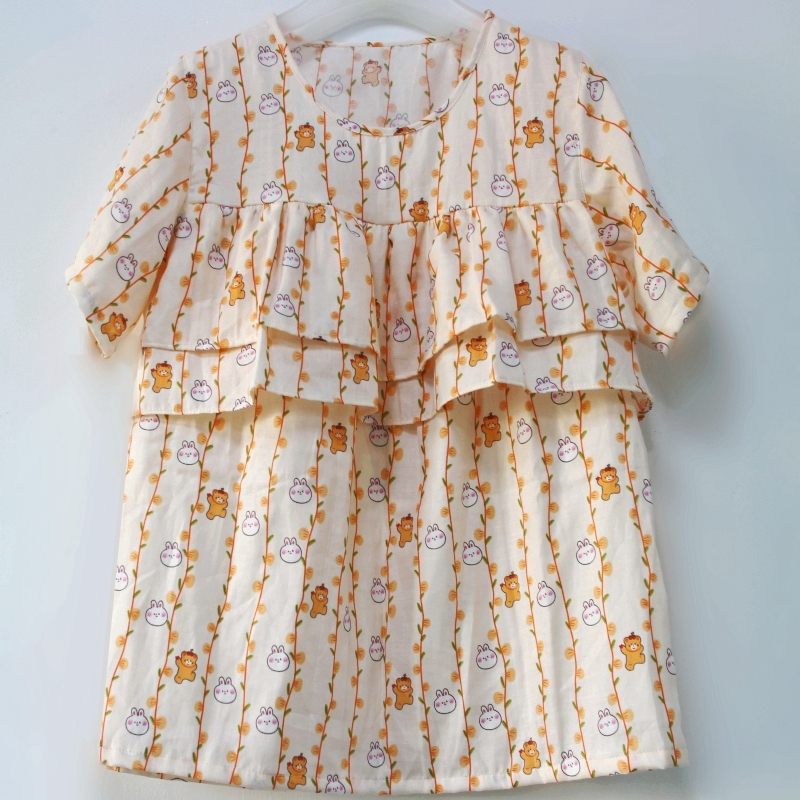 纯棉纱布防走光上衣胸前双层荷叶边防凸点睡衣棉纱遮胸家居服女秋