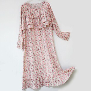 双层荷叶边棉绸睡裙防走光超长款 及踝连衣裙真丝绵绸人棉睡衣女秋