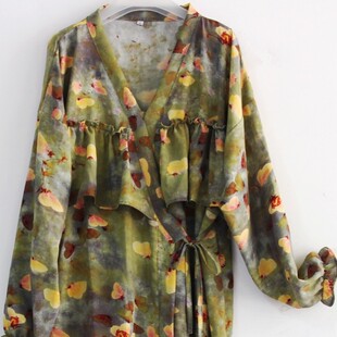 佰汇福棉绸胸前荷叶边睡袍家居遮胸防凸点长袖 睡衣浴袍空调服夏女