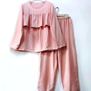 纯棉纱布防走光套装 棉布遮胸家居服女夏 胸前荷叶边防凸点睡衣睡裤