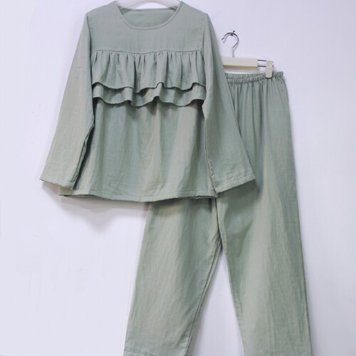 纯棉纱布防走光套装胸前双层荷叶边防凸点睡衣棉布遮胸家居服女秋