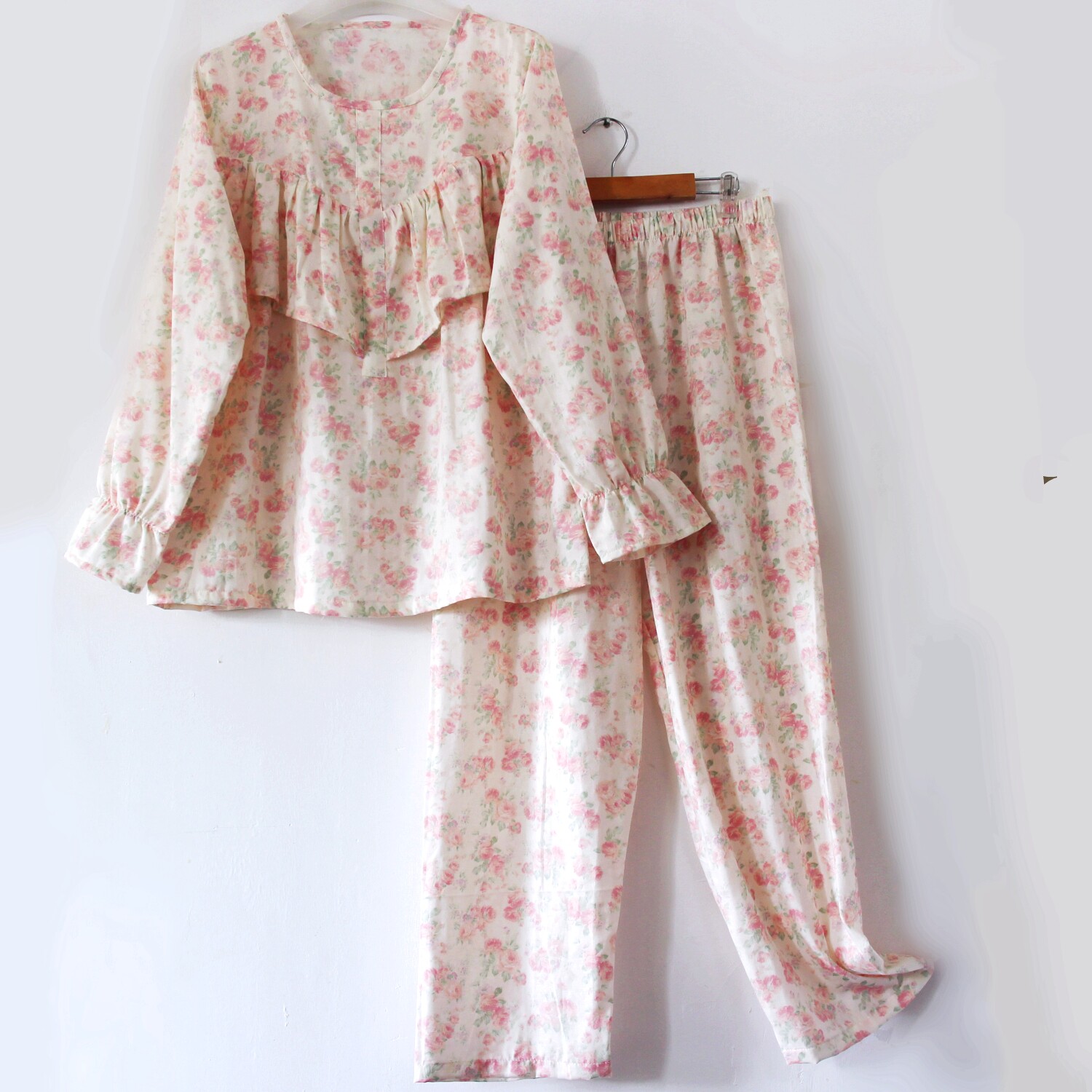 纯棉纱布防走光套装胸前V型荷叶边防凸点睡衣显瘦遮胸家居服女秋图片