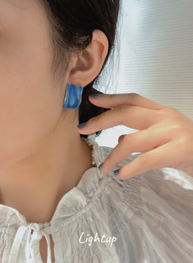 复古蓝色方块油画耳环小众设计高级感滴油欧美夸张