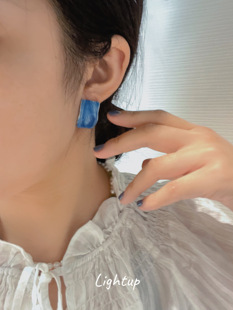 复古蓝色方块油画耳环小众设计高级感滴油欧美夸张