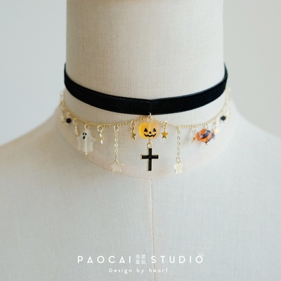 万圣节南瓜灯丝绒双层叠戴锁骨链
