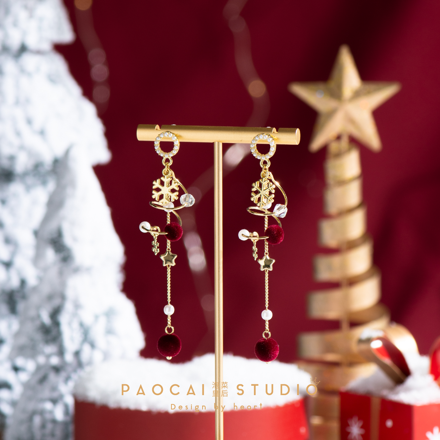 原创雪落圣诞树耳钉甜美可爱雪花耳饰圣诞节新年红耳环秋冬送闺蜜