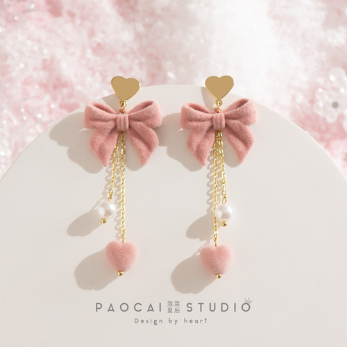 泡菜皇后甜美少女粉色蝴蝶结耳钉