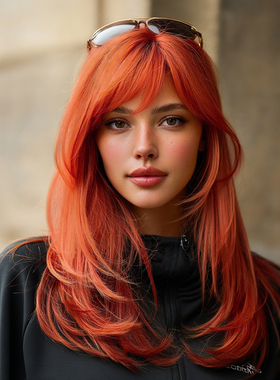 wig落日橙色假发女中长发高层次感锁骨发自然日常全头套整顶假发