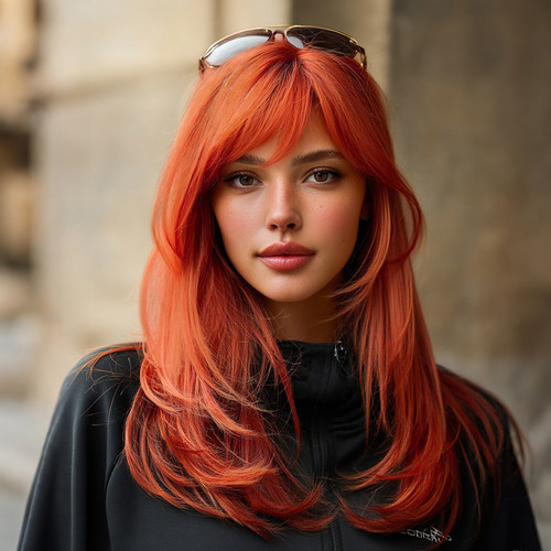 wig落日橙色假发女中长发高层次感锁骨发自然日常全头套整顶假发