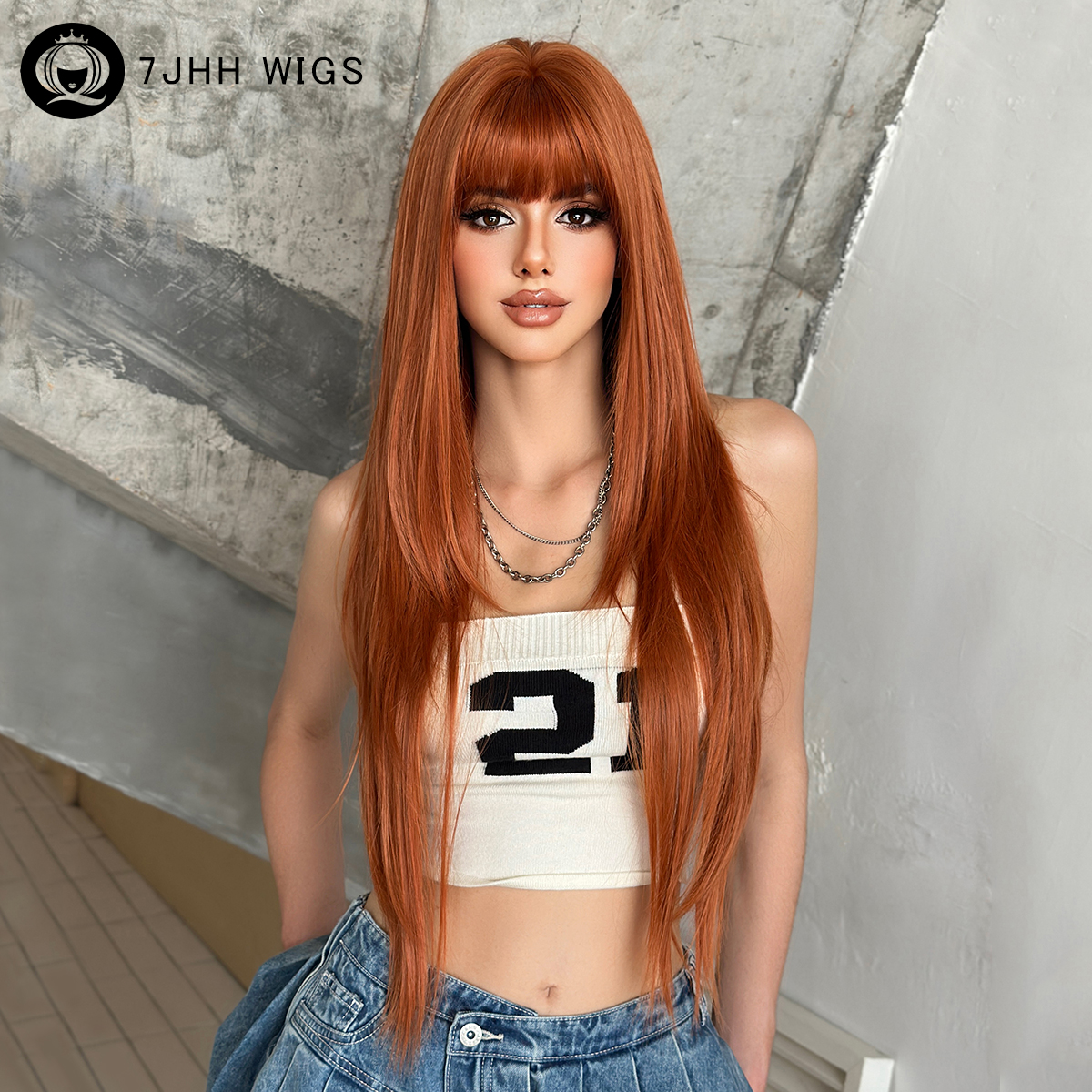 长直发高层次假发全头套女lolita双马尾自然长发无痕隐形橘色wigs