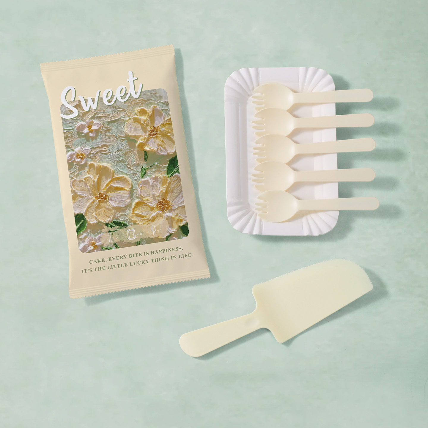 油画风长方形纸盘蛋糕刀叉盘餐具