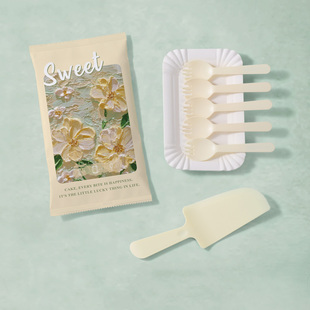 食客工具长方形纸盘蛋糕刀叉盘套装一次性油画风塑料加厚生日餐具