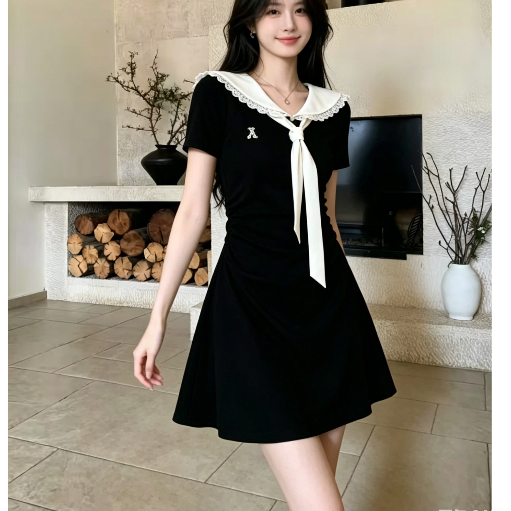 娃娃领系带连衣裙女夏收腰显瘦减龄学院风少女感日常百搭短款裙子图片