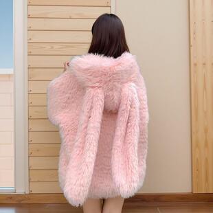 仿羊羔毛皮草连帽外套女秋冬可爱兔耳朵学院风宽松加厚毛茸茸棉服