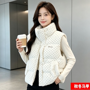 韩系冬季甜美波点短款无袖立领宽松棉服马甲女背心坎肩棉袄外套潮