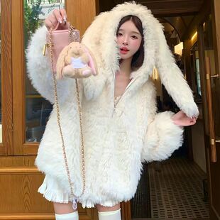 可爱兔耳朵仿羊羔毛绒外套女秋冬连帽拉链宽松毛茸茸软妹棉服大衣