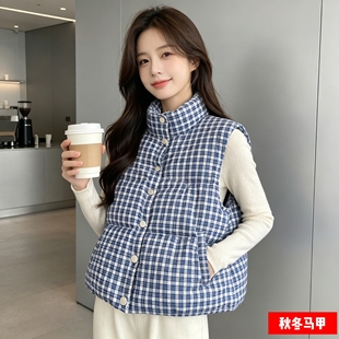 韩系棉服马甲女秋冬新款叠穿休闲宽松立领马夹背心格子无袖外套潮