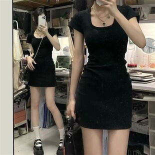 休闲韩系黑色修身连衣裙女夏装通勤短袖U领收腰显瘦小个子包臀裙