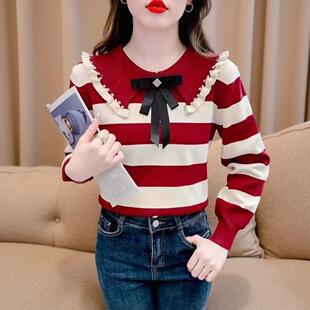 纯欲甜美娃娃领蝴蝶结毛衣女秋冬时髦时尚 上衣 洋气条纹针织打底衫