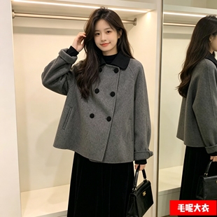 灰色短款呢子大衣女秋冬娃娃领复古加厚小个子韩系赫本风毛呢外套