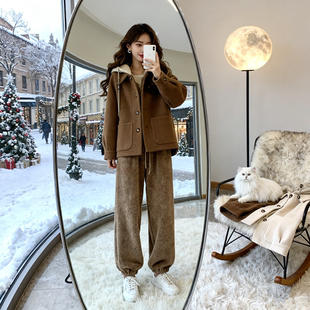 美拉德复古假两件连帽毛呢外套女秋冬宽松显瘦单排扣气质呢子大衣