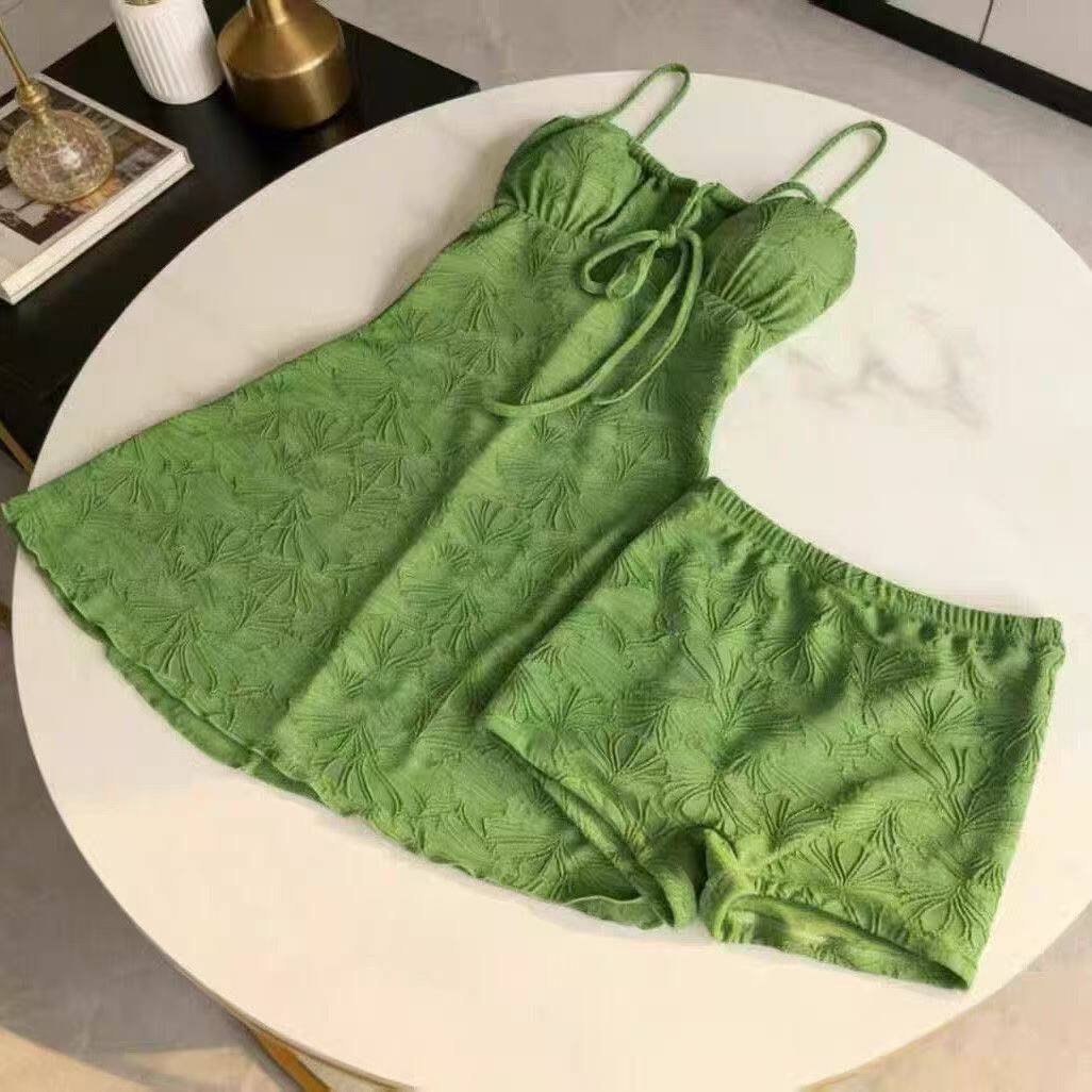 原版面料肩带可调节+配短裤】复古度假吊带连衣裙女夏季绿色a短裙