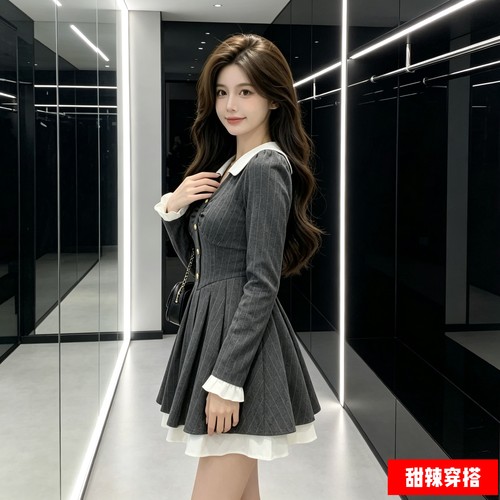 秋冬新款修身显瘦小个子假两件短裙女士御姐设计感韩系气质连衣裙