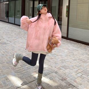 街头风粉色仿羊羔毛绒连帽外套女秋冬宽松加厚小个子洋气棉服大衣