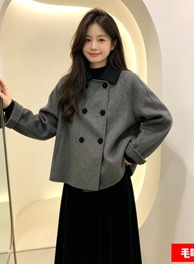 灰色短款呢子大衣女秋冬娃娃领复古加厚小个子韩系赫本风毛呢外套