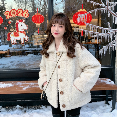 美式小众仿羊羔毛绒翻领外套女秋冬新款休闲宽松复古短款棉服大衣