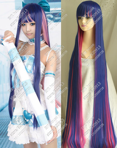 cosplay假发 吊带袜天使 Stocking 120cm 蓝色+粉色渐变长直发
