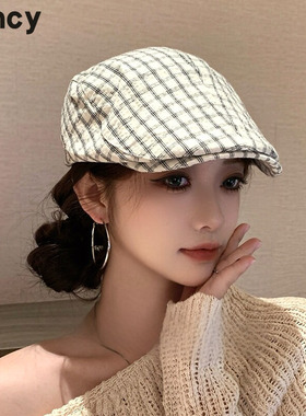 CUNCY日系文艺小格子前进帽子女春秋季百搭鸭舌帽纯色贝雷画家帽