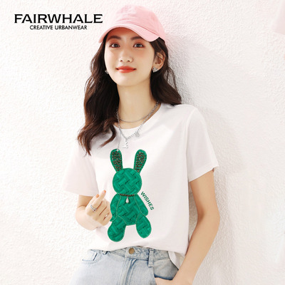 马克菲华女装钉珠编织兔子纯棉T恤 F22001A299