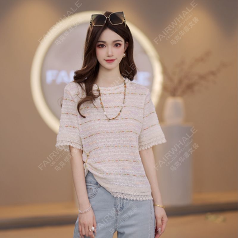 马克华菲女装夏季透气亲肤圆领夏季2026撞色设计感针织衫休闲上衣