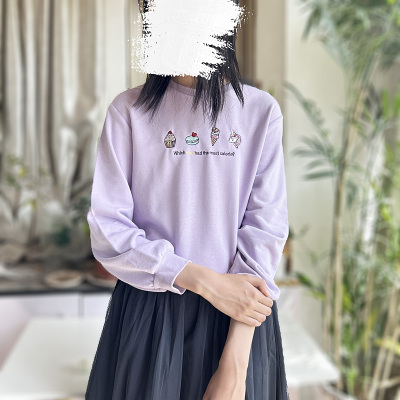 春秋季日单独角兽冰淇淋刺绣毛圈长袖卫衣女浅紫色圆领套头上衣