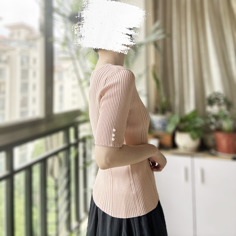 通勤方领雪青色肉桂粉夏季上衣