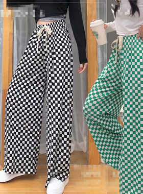 棋盘格裤子女夏季薄款2023新款腰显瘦垂感休闲阔腿裤空调凉凉裤