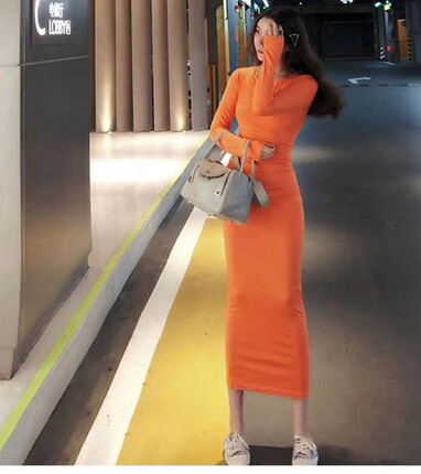 2024秋新款时尚欧美风包臀修身显瘦性感连衣裙长袖打底礼服长裙女