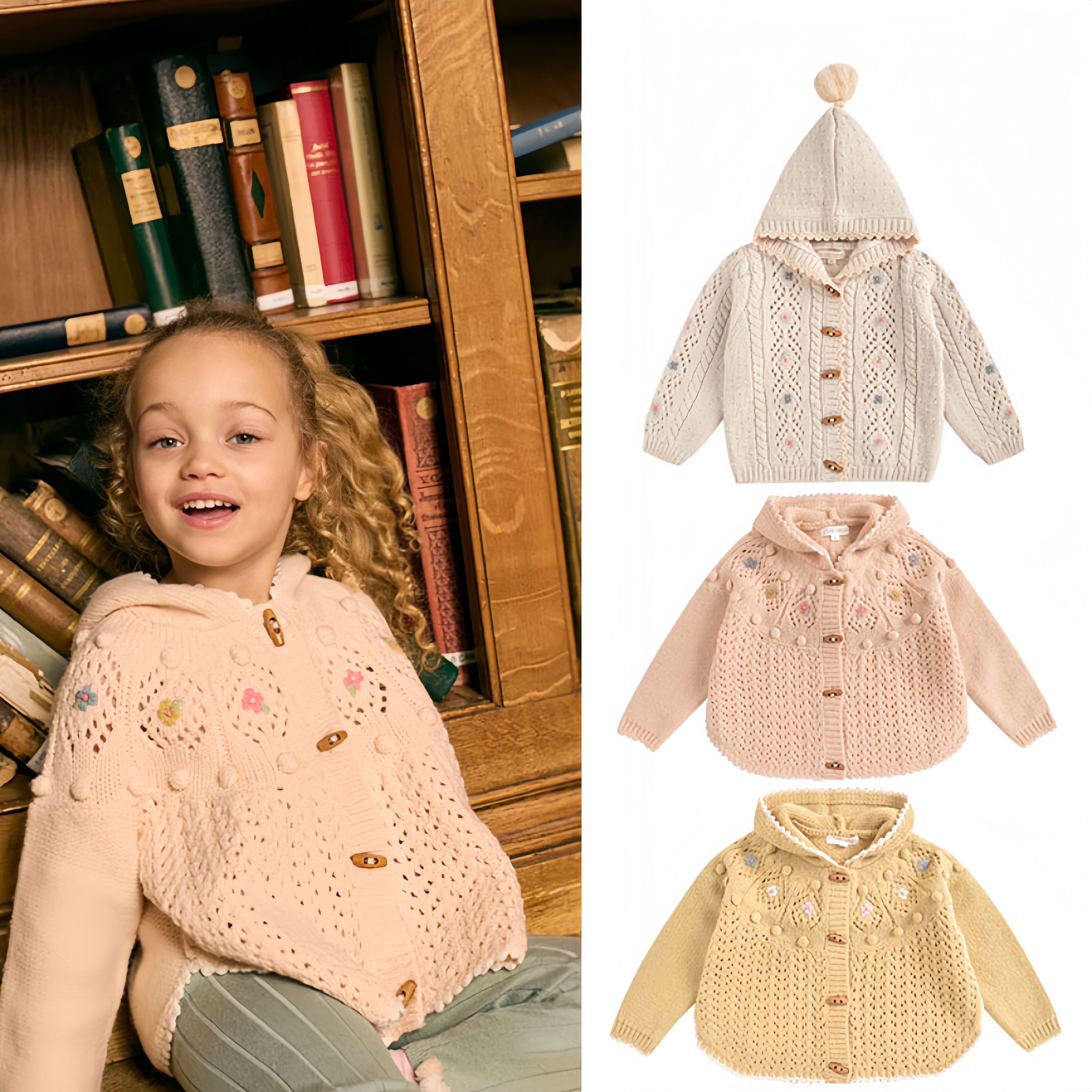 HengBaby现货LM羊毛女宝宝连帽可爱长袖针织斗篷女童保暖毛衣外套