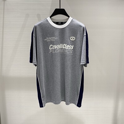 Cavalli Class 26春夏新款logo字母刺绣印花侧边条纹男士短袖T恤