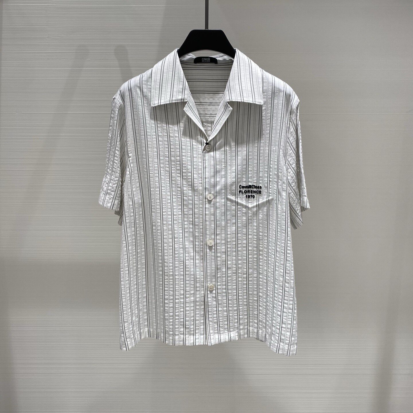 Cavalli Class 26春夏新款logo字母刺绣条纹男士短袖衬衫 2F1120
