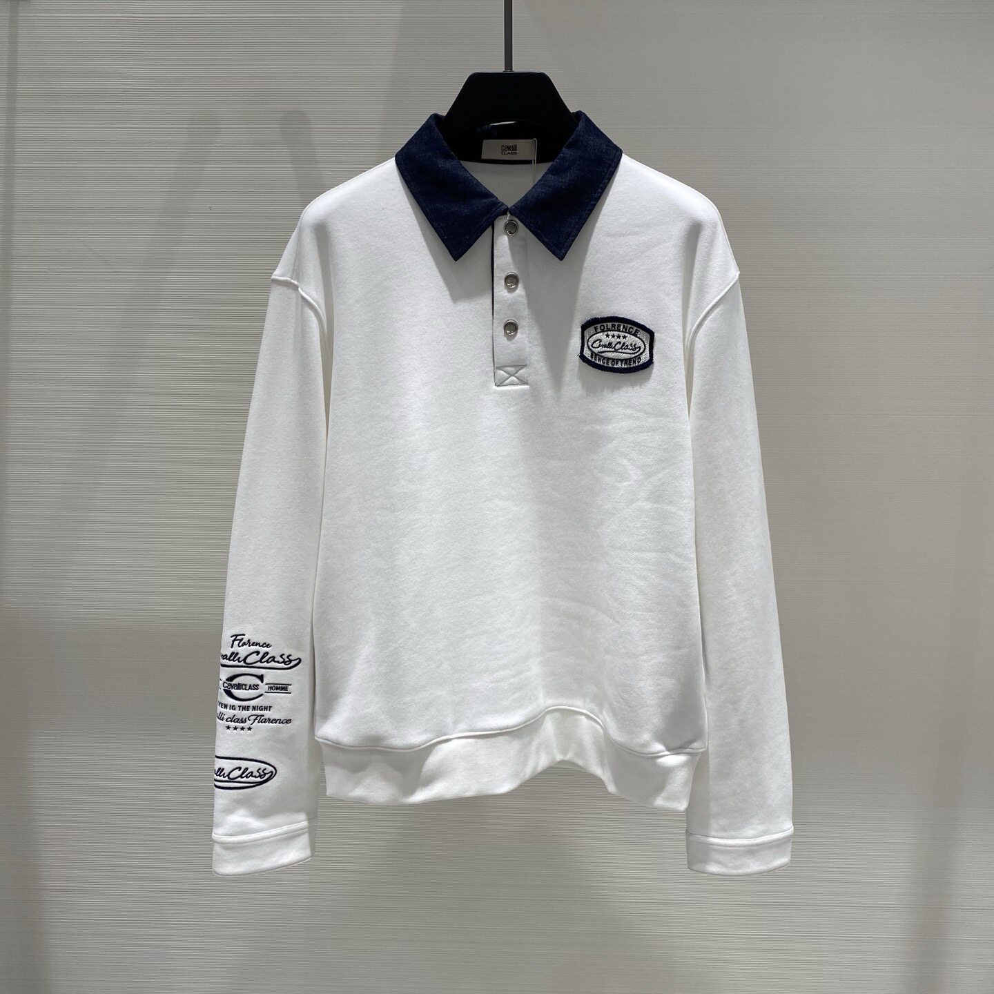 Cavalli Class 26秋冬字母刺绣牛仔布拼接翻领男士加绒长袖卫衣