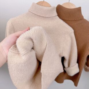 一体绒毛衣女童冬季加厚打底衫男童半高领儿童宝宝内搭加绒针织衫