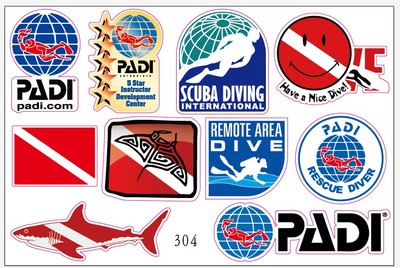 A4版padi浅水贴纸 潜水员DIVE浮潜装备气瓶脚蹼运动爱好者贴304