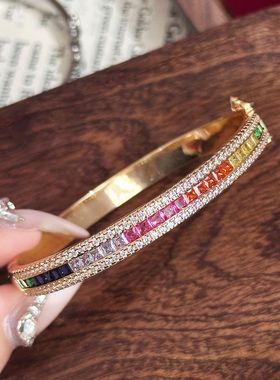 缤纷彩虹宝石手镯欧美潮流高级感轻奢七彩方钻卡扣手镯